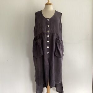 Boho Lagenlook dyed Linen button front patch pocket scoopneck hi-low tunic dress